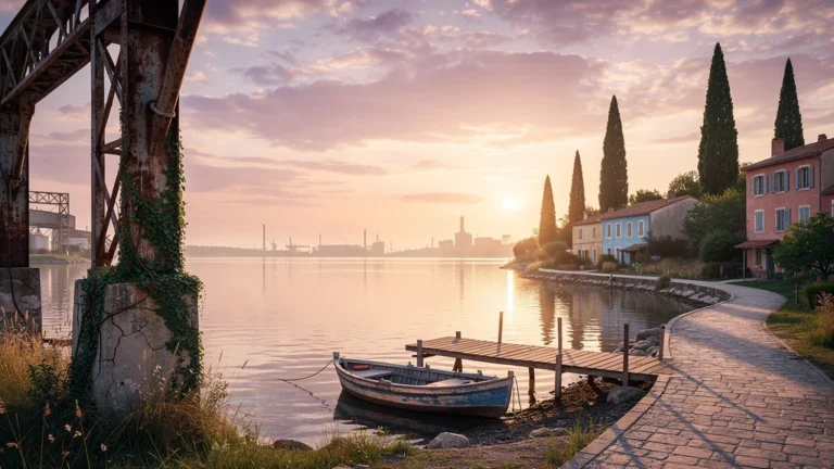 Vue panoramique hyper-réaliste de l'étang de Berre entre héritage industriel et richesse patrimoniale