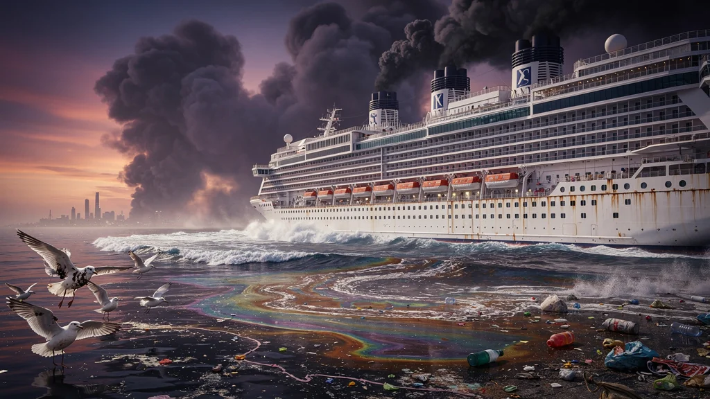 Bateaux de croisières émettant une pollution visible dans l’air et la mer, impact écologique majeur