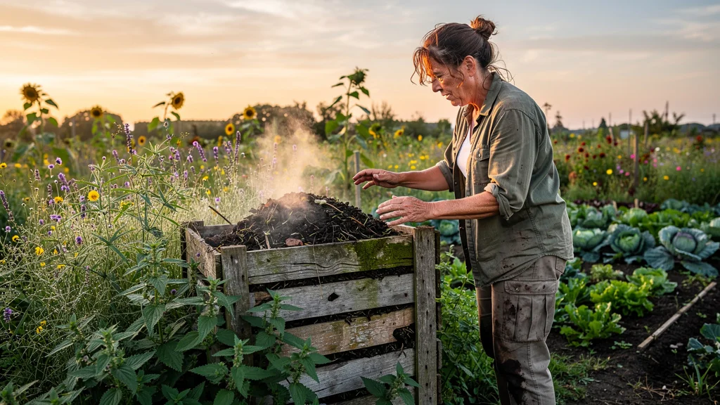Jardin 100% naturel avec compost d’ortie et jardinier face à l’odeur intense du purin