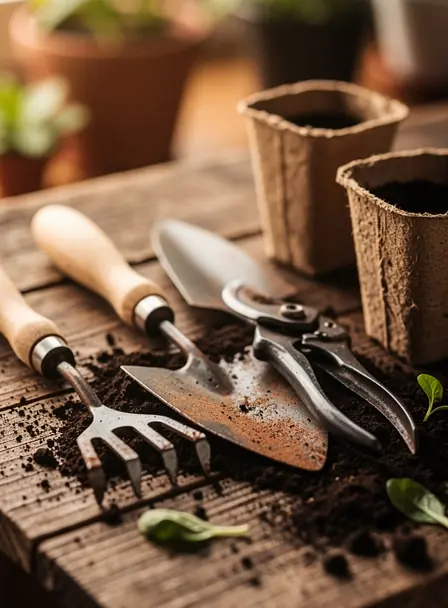 outils de jardinage réalistes sur une souche d'arbre en plein air