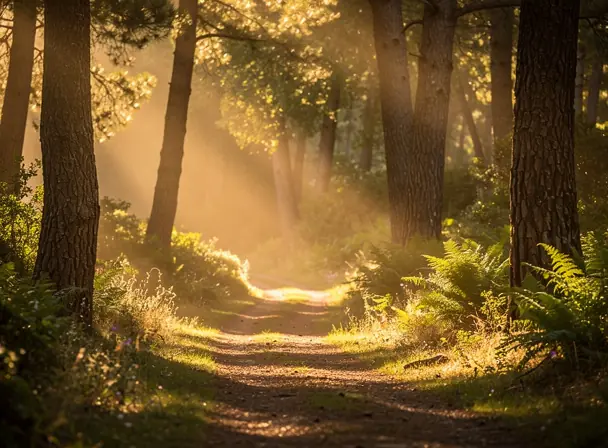 chemin forestier paisible avec lumière dorée traversant de grands arbres