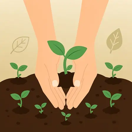 illustration vectorielle mains plantant petits arbustes dans sol riche et organique