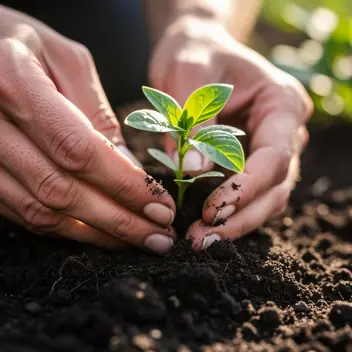 mains plantant jeunes pousses vertes dans sol riche avec gants de jardinage