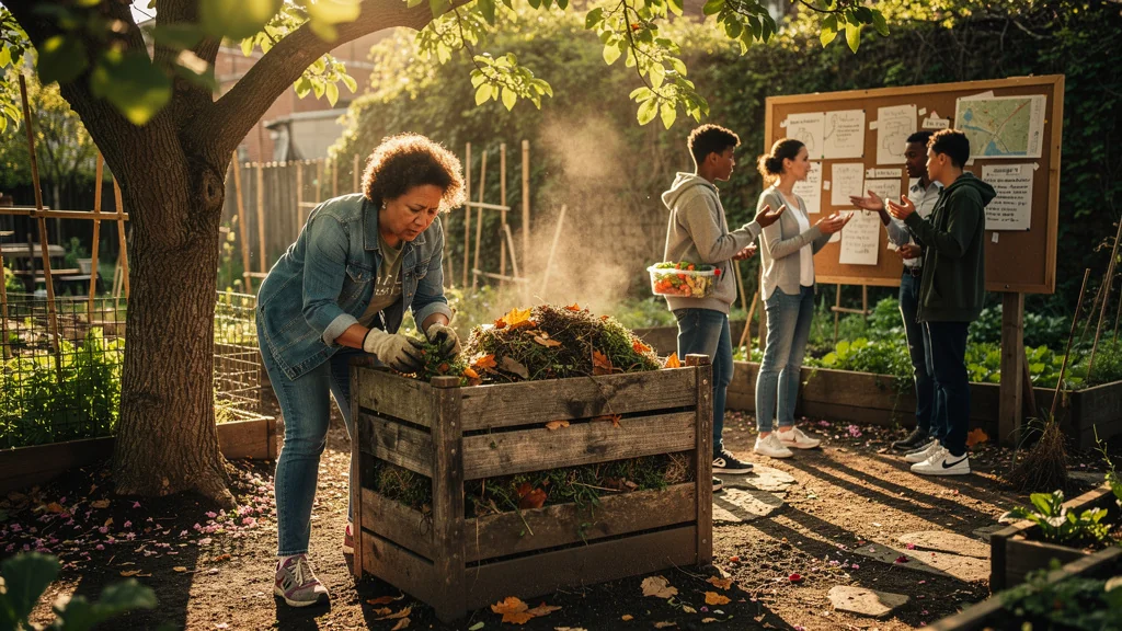 Personnes cherchant un composteur collectif dans un jardin urbain lumineux et détaillé