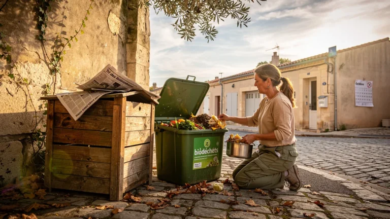 Tri des biodéchets à Arles avec papier journal dans le bac avant collecte municipale sur 6 semaines