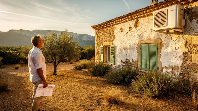 Maison arlésienne avec climatisation réversible face aux murs non isolés sous un fort soleil provençal