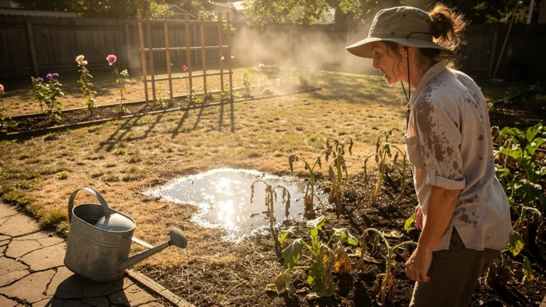Jardin en plein soleil de juillet après un arrosage mal fait, plantes flétries et sol sec visible