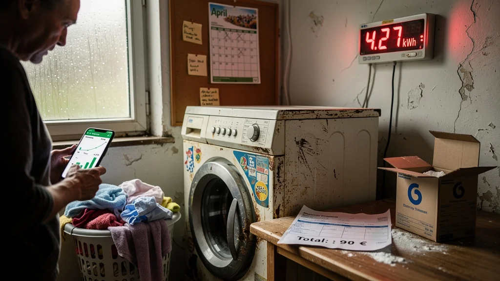 Ancienne machine à laver en marche alourdissant la facture d'électricité de 90 euros par an