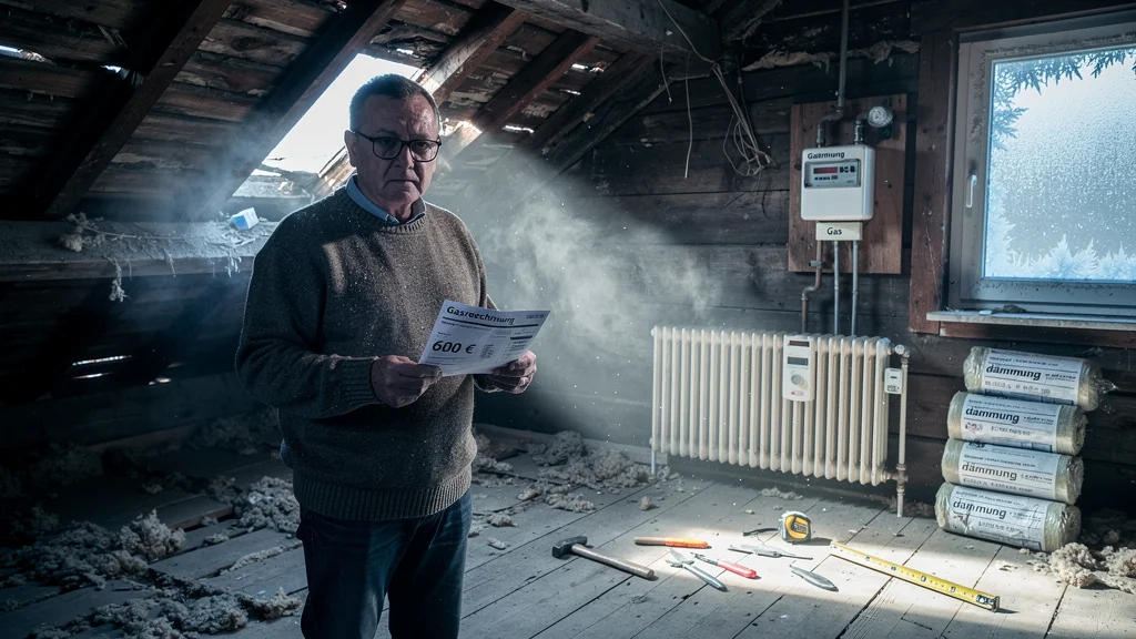 Intérieur d'un grenier mal isolé avec un propriétaire inquiet tenant une facture de gaz élevée en hiver