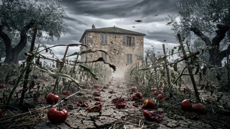 Tomates détruites par le mistral, récolte perdue dans un jardin méditerranéen battu par le vent