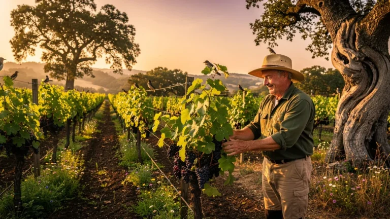 Visite d'un domaine viticole agroforestier au coucher du soleil, symbole d'optimisme renouvelé