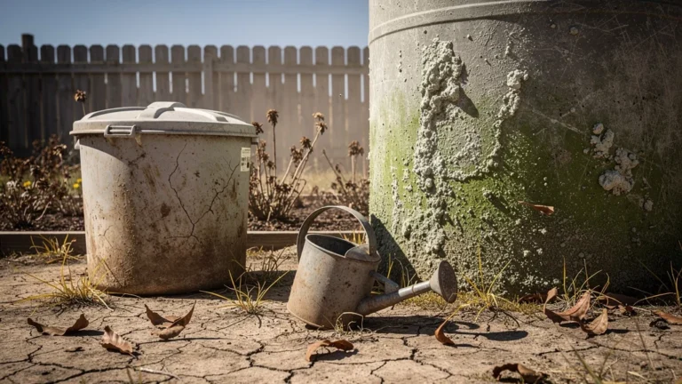 Comparaison hyper-réaliste de récupérateurs d'eau de 300 et 1000 litres encrassés après un mois sec