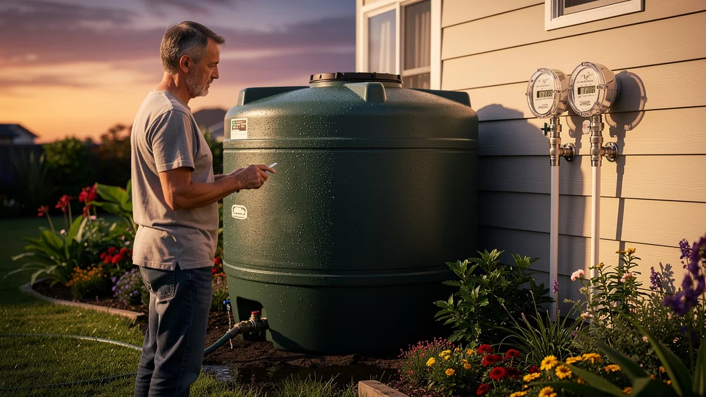 Comparaison consommation d'eau avant et après récupérateur de 1000 litres dans un jardin moderne