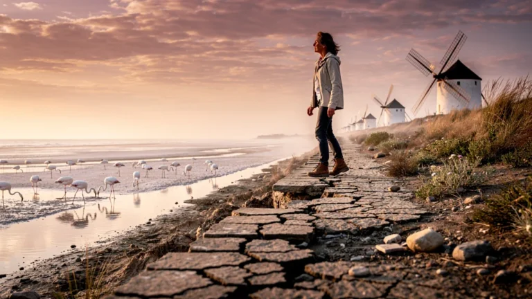 Personne marchant sur la digue de la Camargue, illustrant la perte annuelle de 4 mètres de littoral