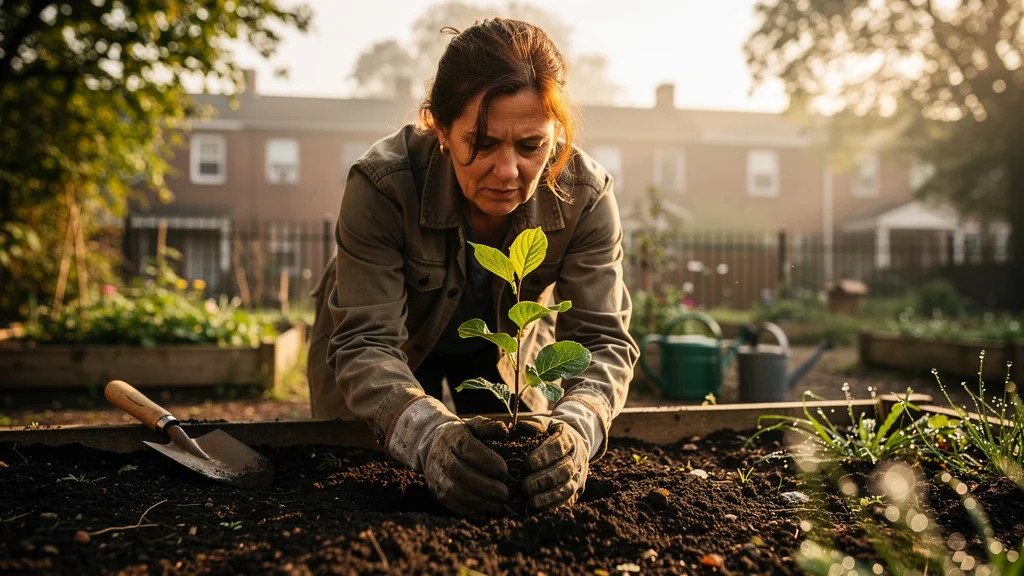 Femme plantant un arbre en gants, image symbolisant l’impact d’une initiative locale concrète