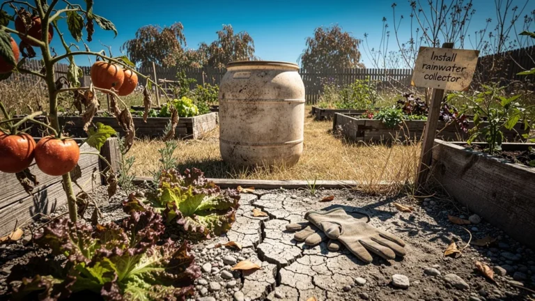 Jardin potager desséché en été sans récupérateur d’eau, pertes de 250 euros visibles