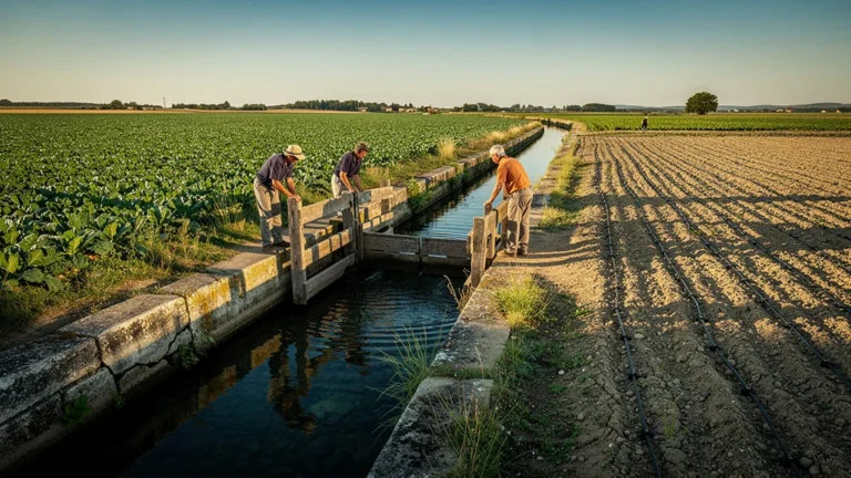Irrigation gravitaire du canal de Craponne en pleine campagne verdoyante, plus efficace que le goutte-à-goutte