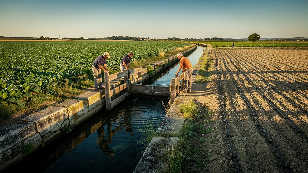 Irrigation gravitaire du canal de Craponne en pleine campagne verdoyante, plus efficace que le goutte-à-goutte