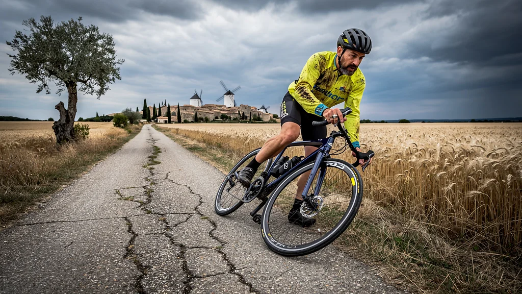 Cycliste arrêté près d’Arles en panne de chaîne sur piste cyclable vers Fontvieille, mobilité vélo rurale en difficulté