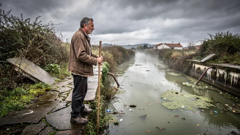 Canal de Craponne en mauvais état, urgence locale visible dans un paysage réaliste et détaillé