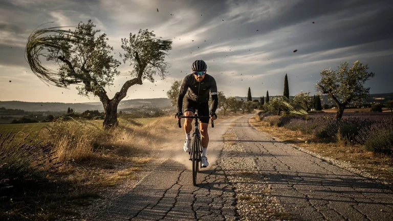 Cycliste pédalant dans le mistral sur la piste cyclable entre Arles et Fontvieille au petit matin