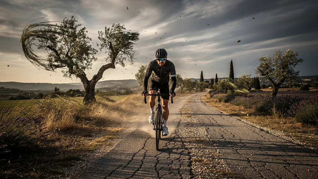 Cycliste pédalant dans le mistral sur la piste cyclable entre Arles et Fontvieille au petit matin