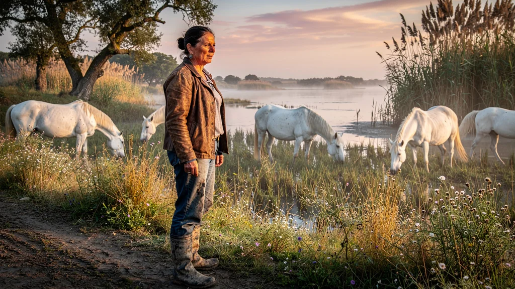Éleveuse de Camargue défiant sur la biodiversité au lever du soleil dans un paysage naturel humide