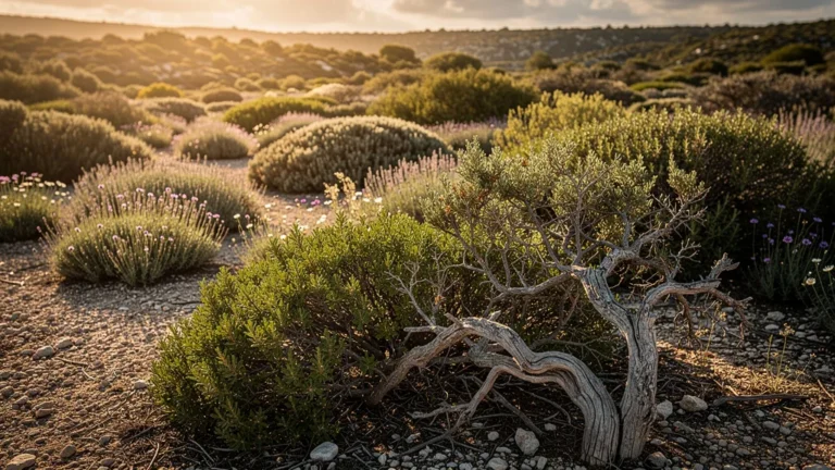 Paysage de garrigue silencieuse avec haies résilientes au lever du soleil, symbole de vraie résilience