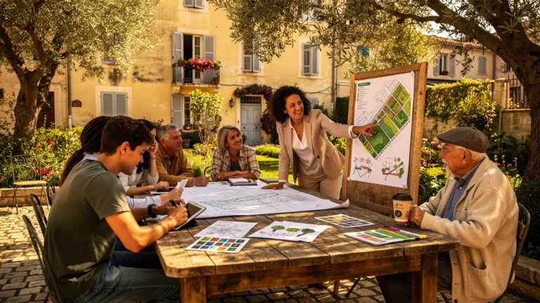 Réunion d’associations de transition à Arles autour d’un projet clair en plein air, engagement citoyen visible