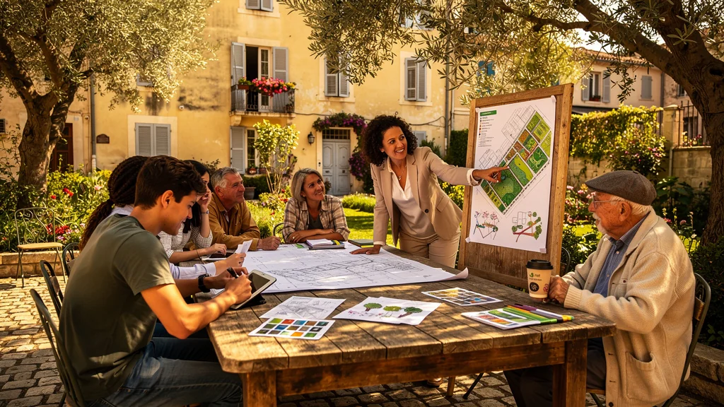 Réunion d’associations de transition à Arles autour d’un projet clair en plein air, engagement citoyen visible