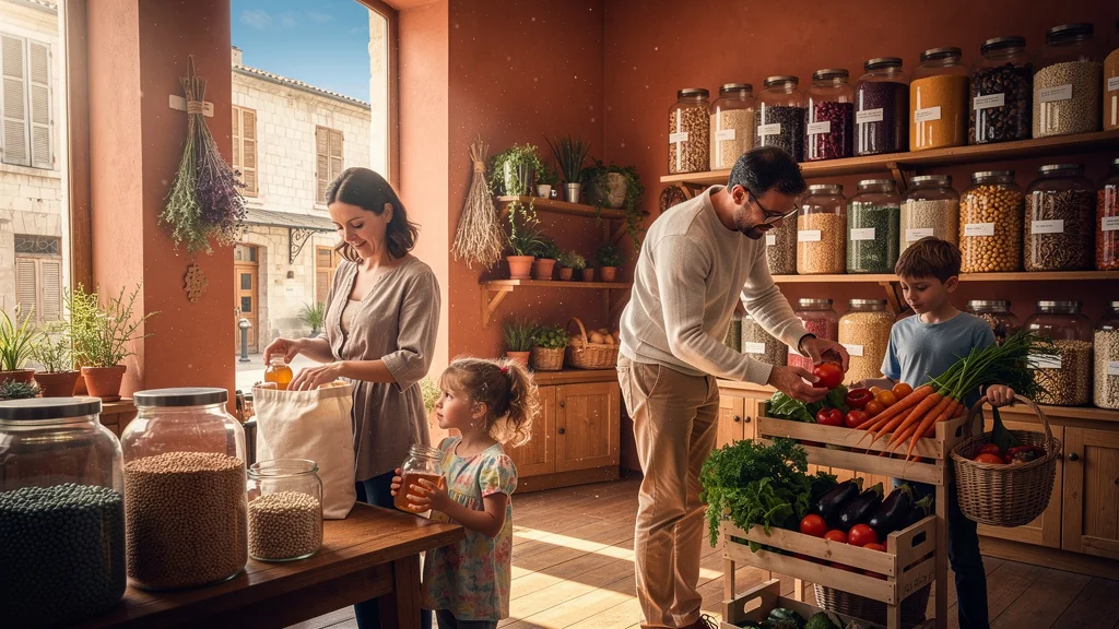 Famille motivée dans une épicerie vrac à Arles, préférant vrac au supermarché bio pour leurs courses