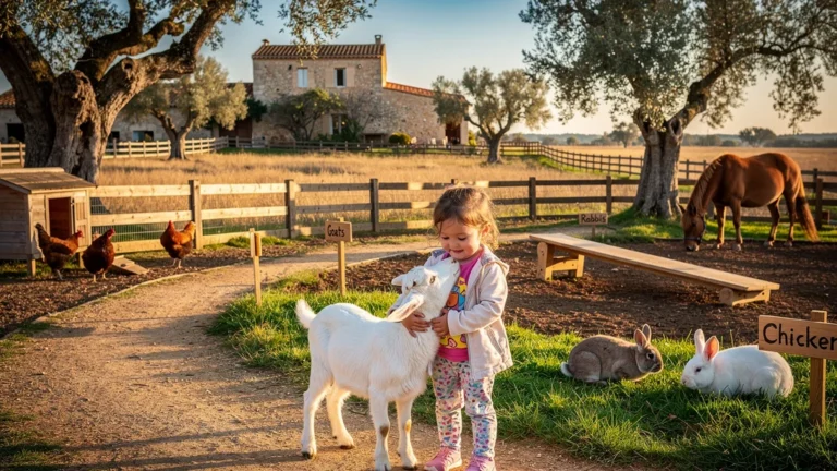 Fille de 7 ans caressant une chèvre dans une grande ferme pédagogique de Crau, idéale pour les enfants