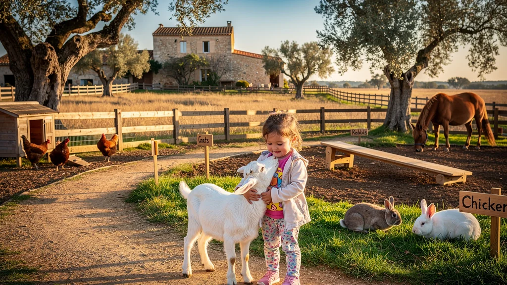 Fille de 7 ans caressant une chèvre dans une grande ferme pédagogique de Crau, idéale pour les enfants