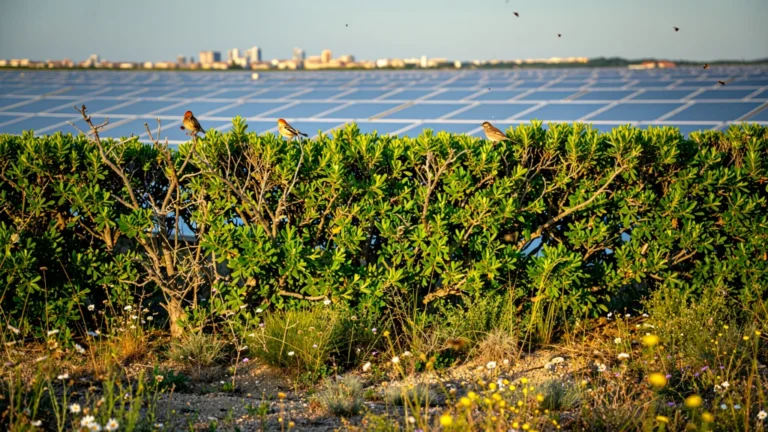 Haies replantées en Crau montrant leur impact écologique supérieur aux panneaux solaires urbains