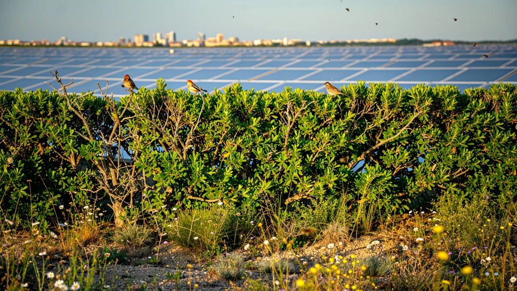 Haies replantées en Crau montrant leur impact écologique supérieur aux panneaux solaires urbains