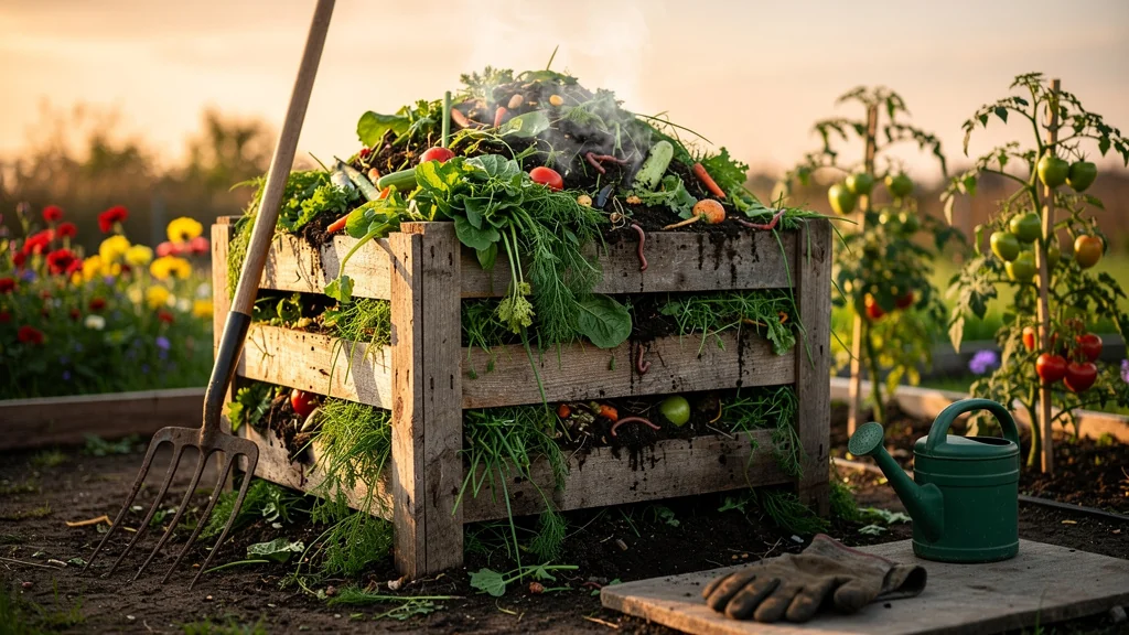 Compost débordant de déchets verts humides provoquant une odeur forte dans un jardin en lumière dorée