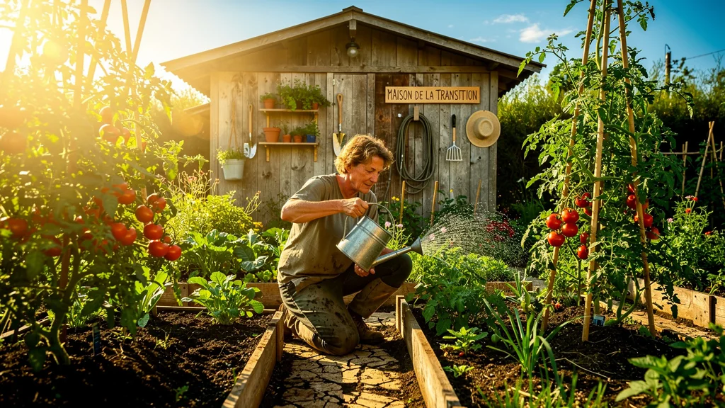 Homme arrosant un potager en été avant de découvrir les ateliers de la Maison de la Transition Arles