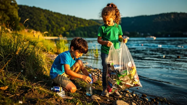 Enfants ramassant 12 kg de déchets au bord du Rhône en 2 heures, sensibilisation à la pollution
