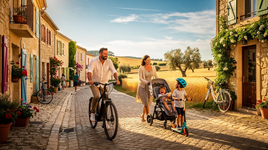 Famille en Pays d'Arles testant un mois sans voiture sur les trajets quotidiens, mobilité douce et nature