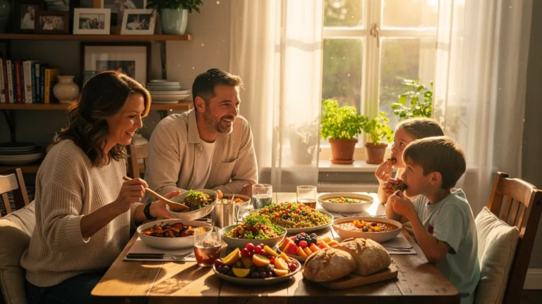 Famille appréciant un repas sans viande coloré et convivial après un mois d'essai