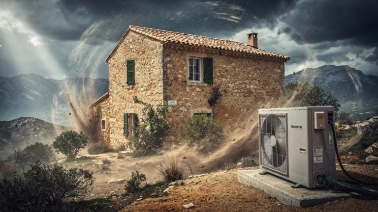 Provençal bâtisse sous mistral violent avec pompe à chaleur défaillante avant isolation
