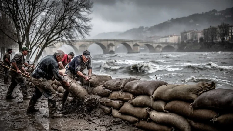 Voir le Rhône en crue à Arles lors de la montée d’une digue pour éviter l’inondation
