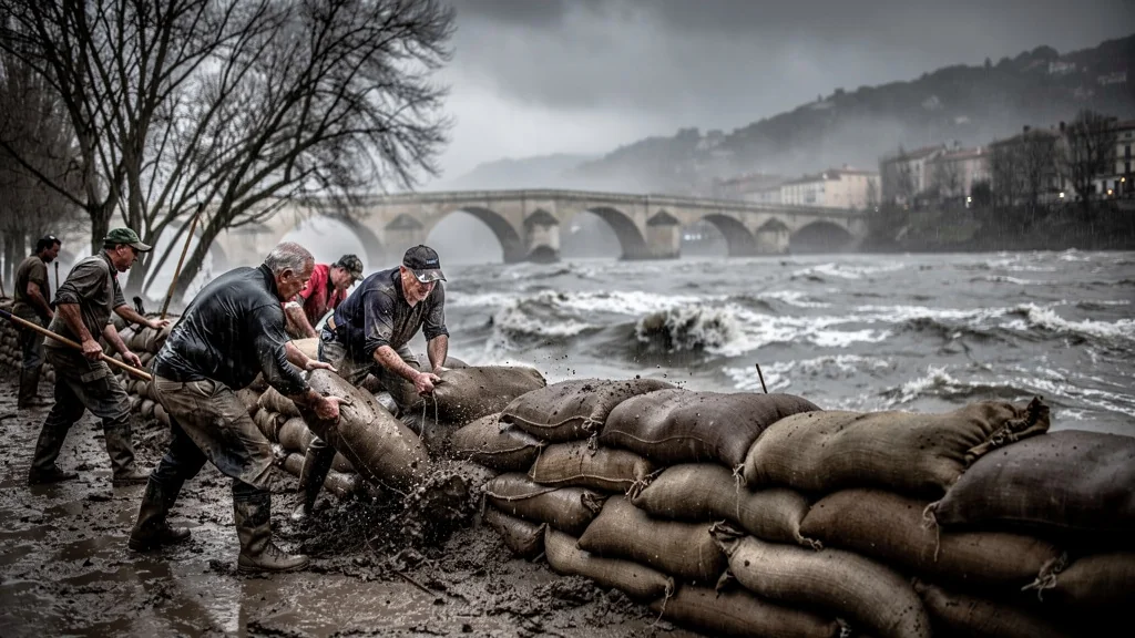 Voir le Rhône en crue à Arles lors de la montée d’une digue pour éviter l’inondation