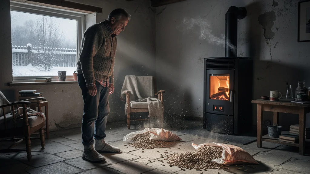 Pellets de bois gaspillés près d’un poêle mal réglé, symbolisant 180€ de perte en hiver