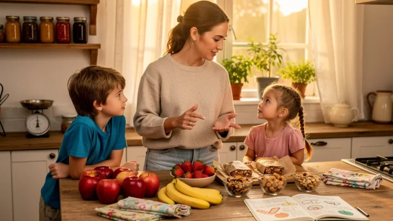 Mère revisitant les goûters emballés de ses enfants avec des options saines et durables en cuisine moderne