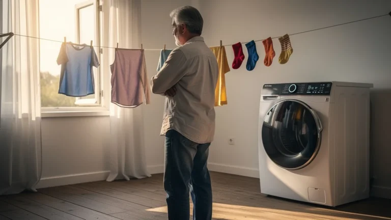 Photo réaliste d’un sèche-linge et d’une corde à linge illustrant une erreur coûteuse de 250€