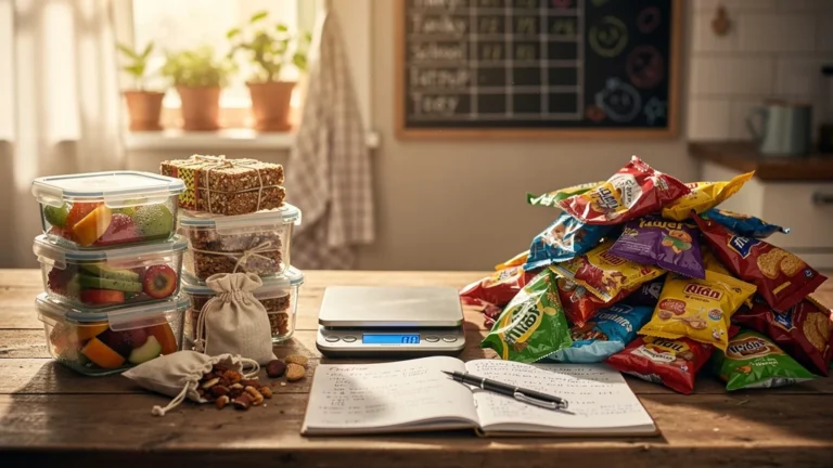 Comparaison réaliste déchets goûter maison et emballé après deux semaines d'école, impact environnemental