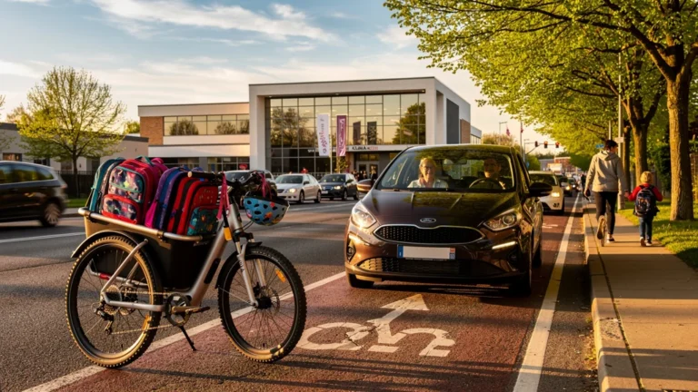 Photo réaliste du trajet école en vélo-cargo et voiture comparé sur deux semaines, ambiance urbaine matinale