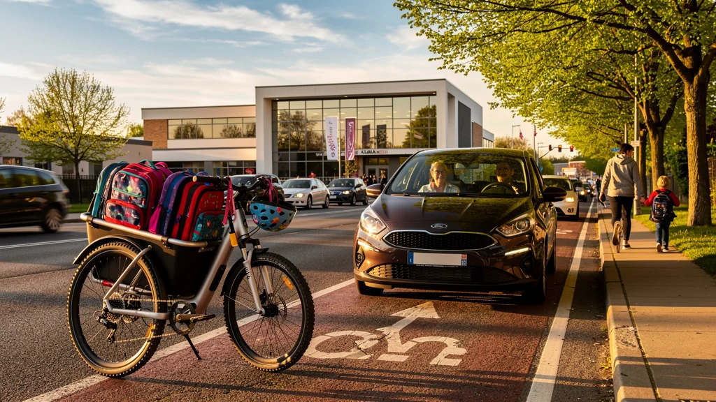 Photo réaliste du trajet école en vélo-cargo et voiture comparé sur deux semaines, ambiance urbaine matinale