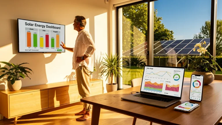 Personne analysant sa facture solaire d’été en autoconsommation avec panneau solaire visible